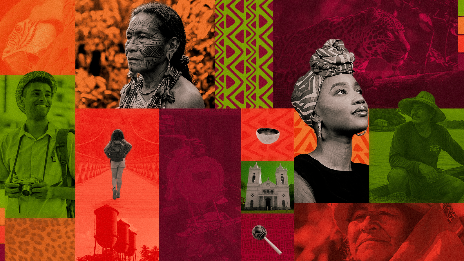 Colagem artística sobre turismo, cultura, povos tradicionais, natureza e experiências de Rondônia